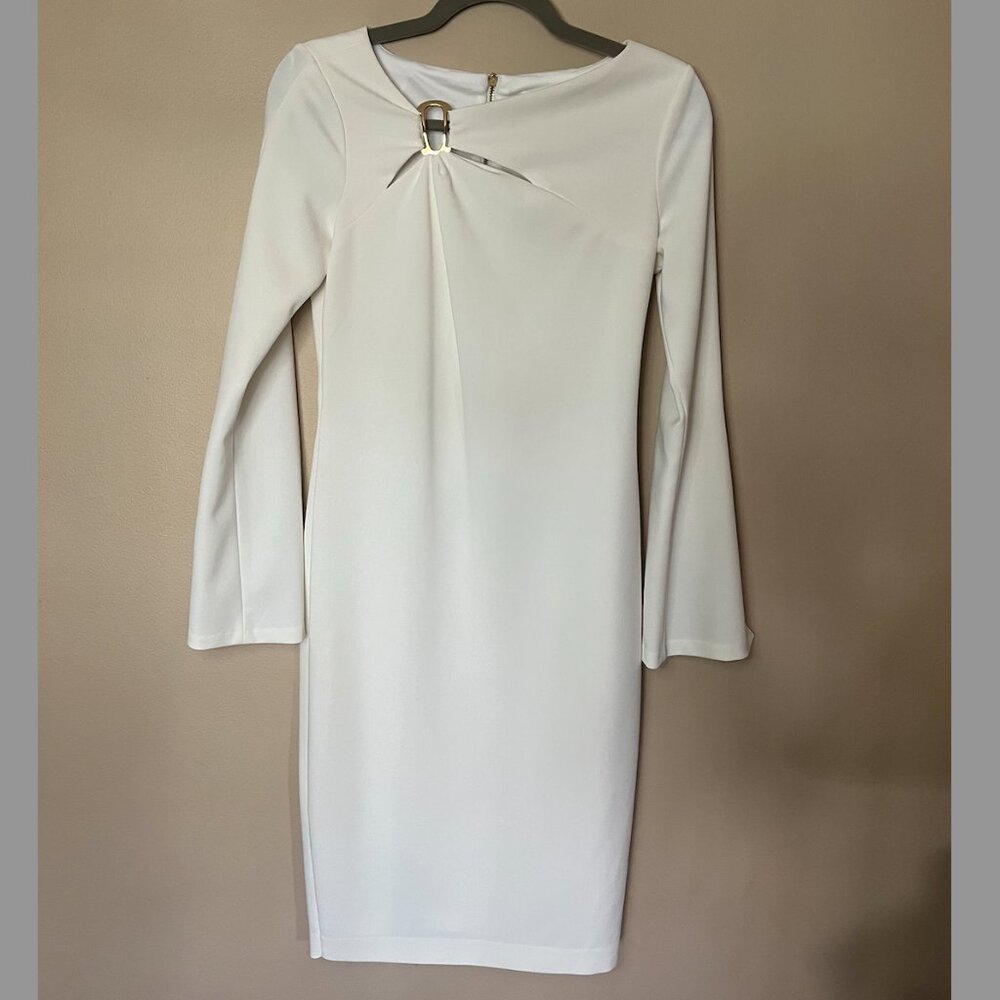 Calvin Klein Off-White Dress Size 4 Gold Keyhole Slit Flare Sleeve Cocktail Work